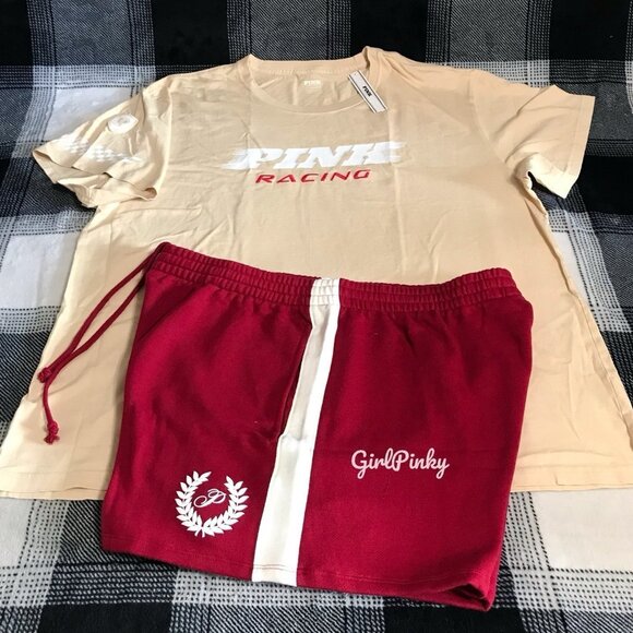 VS PINK IVY FLEECE SHORTS WITH CAMPUS TEE & RACING LOGO SIZE XXL - Picture 2 of 9